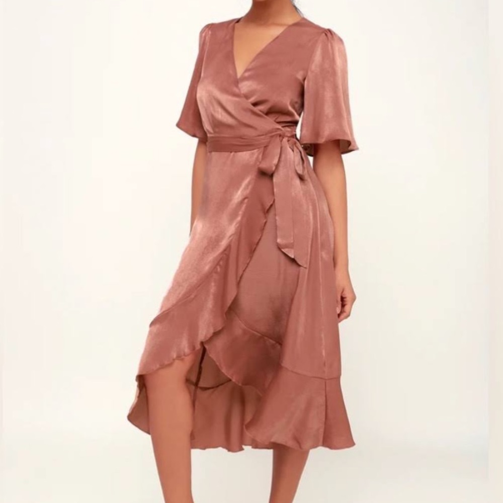 Mauve satin faux wrap midi dress